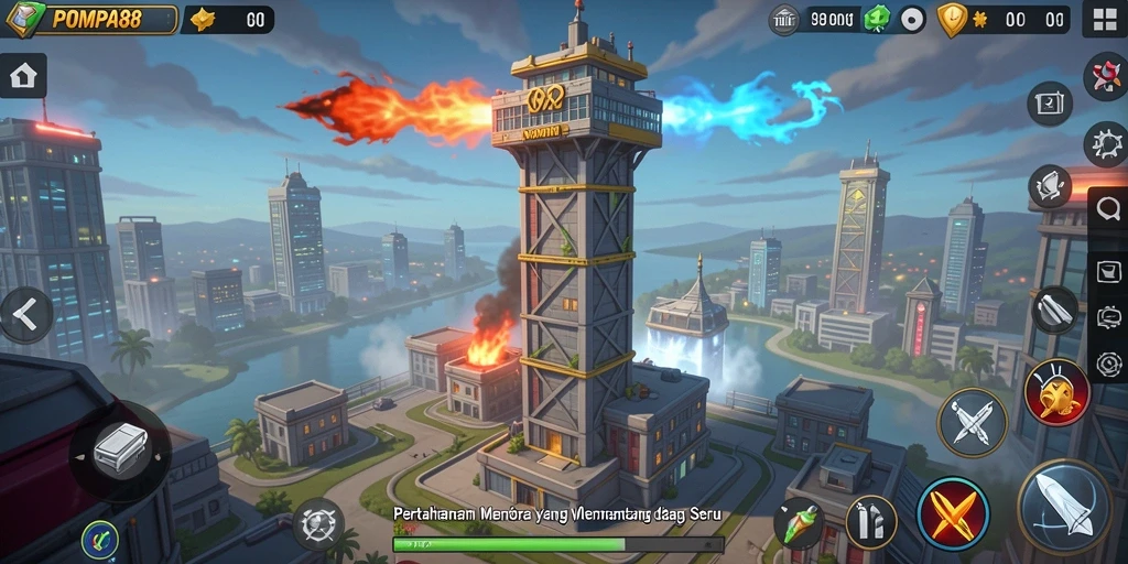 Gameplay POMPA88 yang seru di menara pertahanan melawan gelombang musuh.